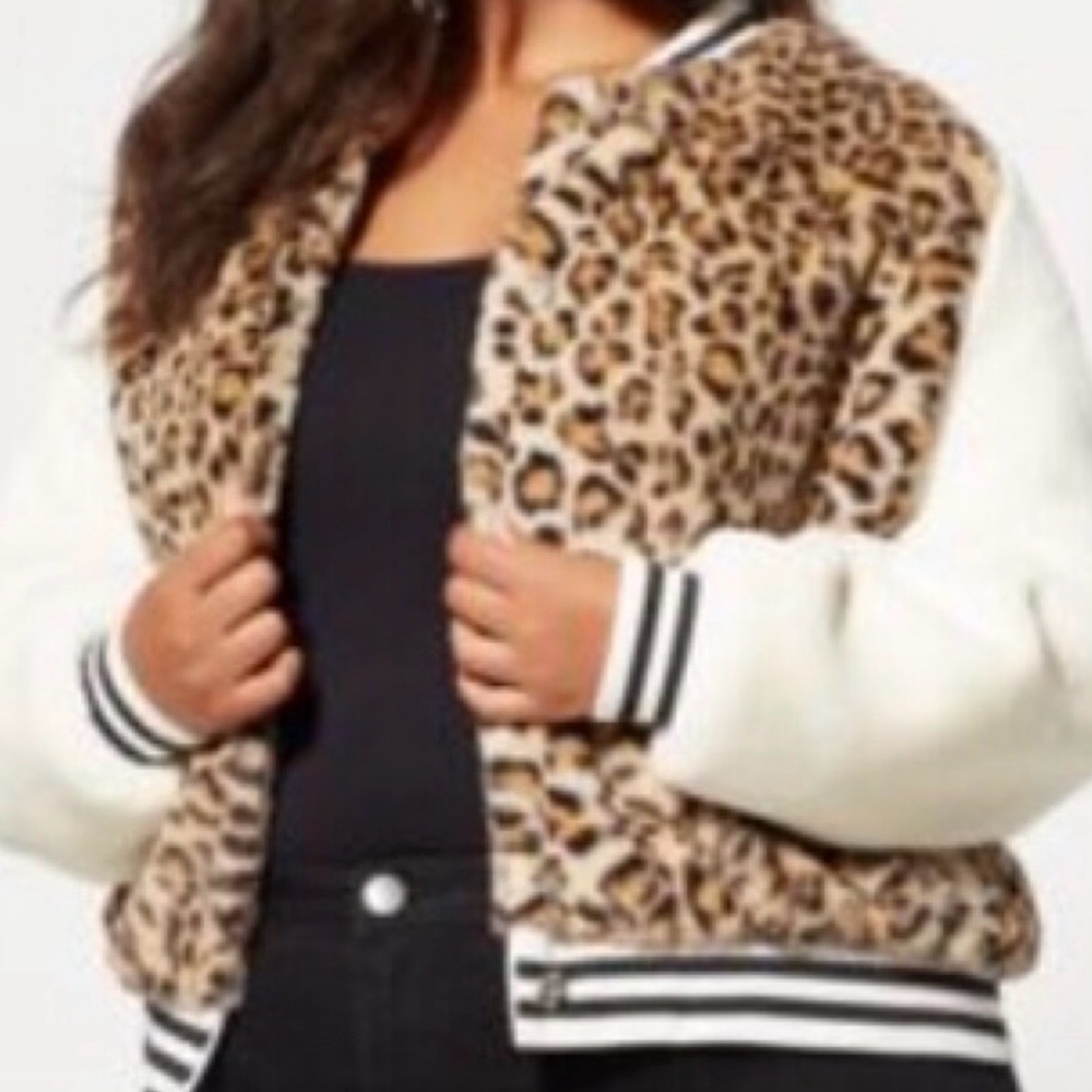 Fashion to Figure Leopard Varsity Jacket with White Sleeves